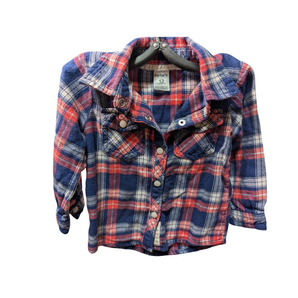 Carter's Flannel Shirt Kids 12M Red Navy Plaid Excellent Snap Front Long Sleeve